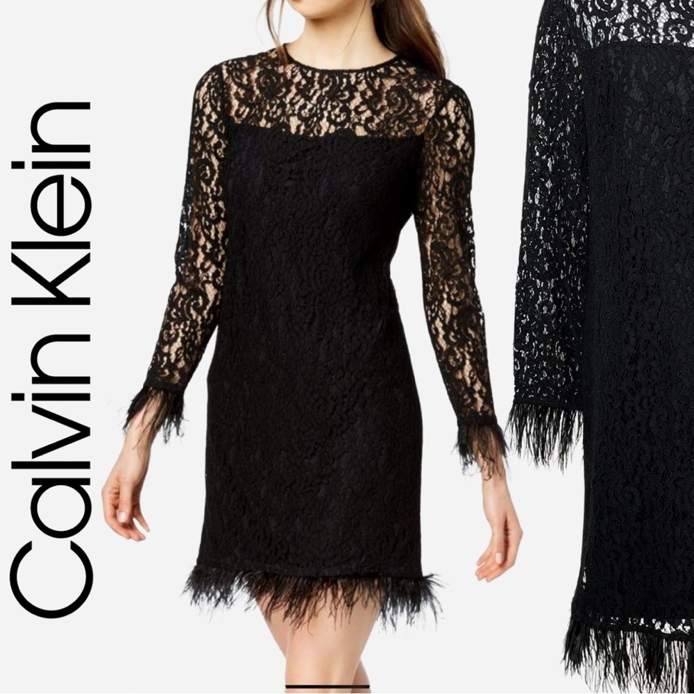 Calvin Klein Black Lace Long Sleeve Feather Hem Dress